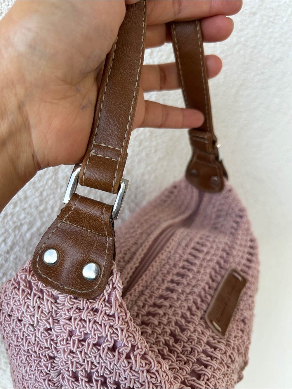 Blush Crochet Shoulder Bag with Brown Strap - Picture 5 of 8